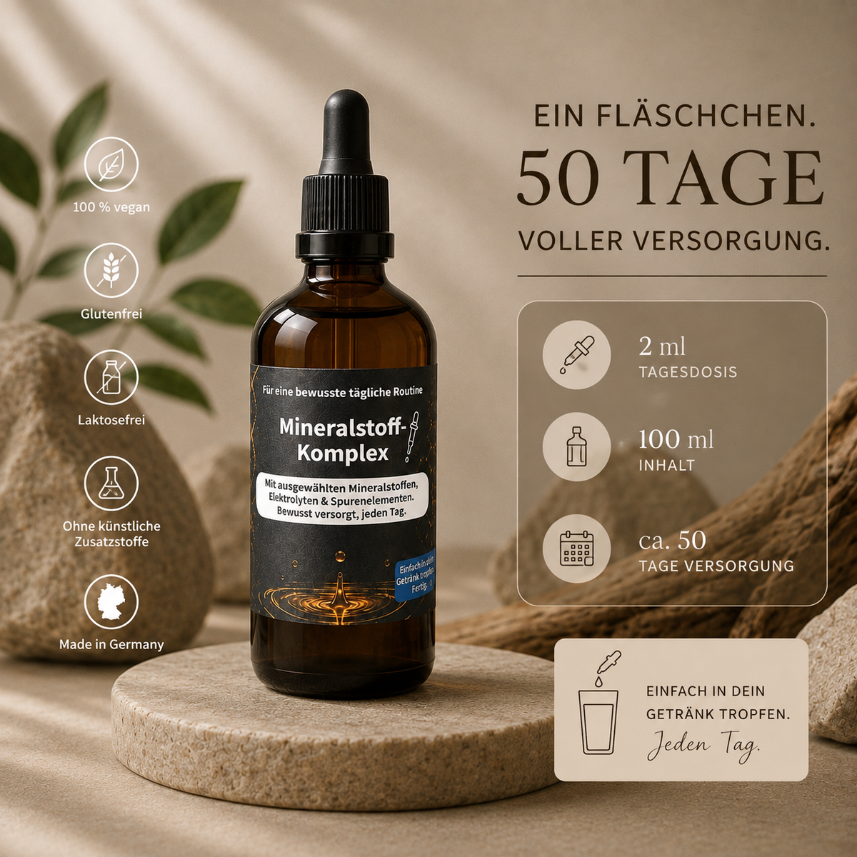 Mineralstoff-Komplex als Flüssigpräparat im 100-ml-Braunglas mit Pipette – ausgewählte Mineralstoffe, Elektrolyte und Spurenelemente.