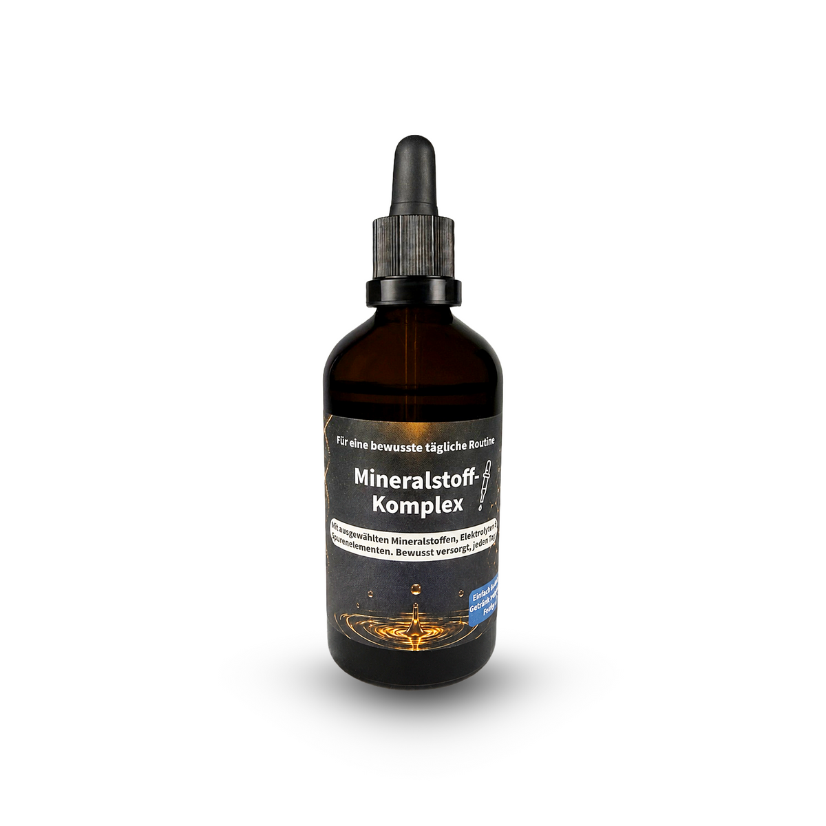 Mineralstoff-Komplex als Flüssigpräparat im 100-ml-Braunglas mit Pipette – ausgewählte Mineralstoffe, Elektrolyte und Spurenelemente.