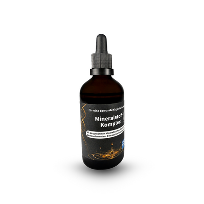 Mineralstoff-Komplex als Flüssigpräparat im 100-ml-Braunglas mit Pipette – ausgewählte Mineralstoffe, Elektrolyte und Spurenelemente.