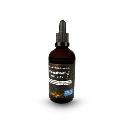 Mineralstoff-Komplex als Flüssigpräparat im 100-ml-Braunglas mit Pipette – ausgewählte Mineralstoffe, Elektrolyte und Spurenelemente.